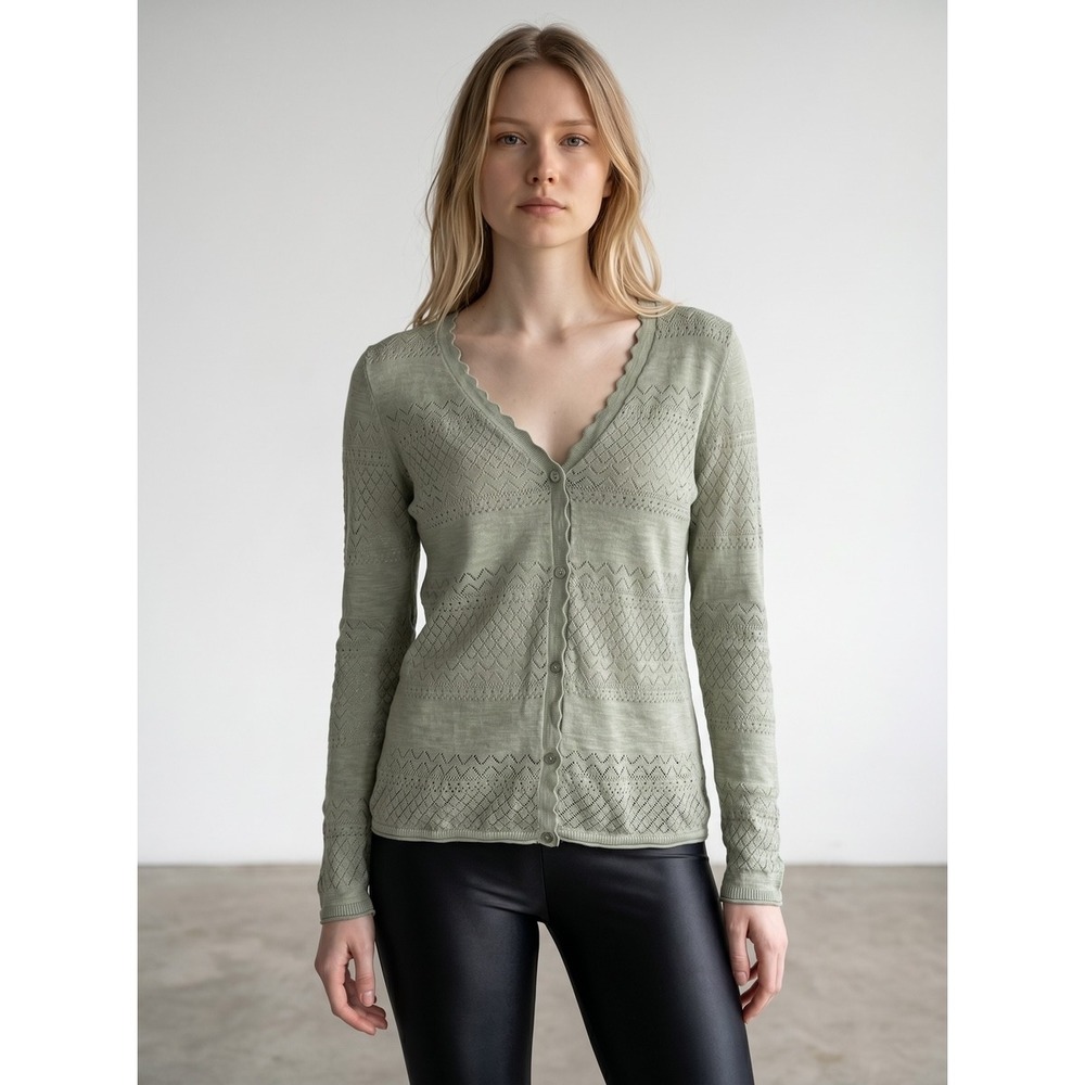 Frye Womens Sage Green Pointelle Cotton Scalloped V-Neck Cardigan Sweater Size M